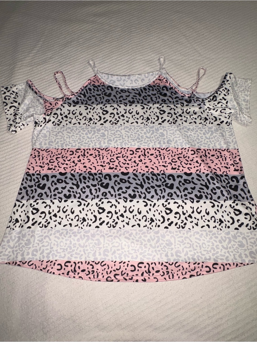 Striped Leopard Print Cold-Shoulder Top - Pink, Gray, White Women’s 1XL